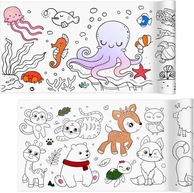 Main image of 2 Pack Coloring Paper Roll for Kids, Sticky Art Roll, 11.8" x 118" | Thick ink-resistant paper, removable adhesive backing, 2 themes with 30+ designs, easy-tear perforations, giftable set