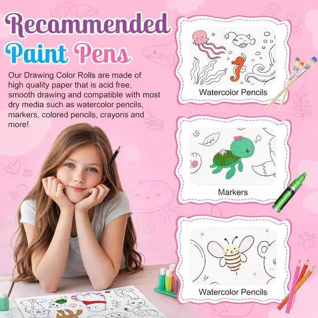 Alt view image 5 of 7 - 2 Pack Coloring Paper Roll for Kids, Sticky Art Roll, 11.8" x 118" | Thick ink-resistant paper, removable adhesive backing, 2 themes with 30+ designs, easy-tear perforations, giftable set