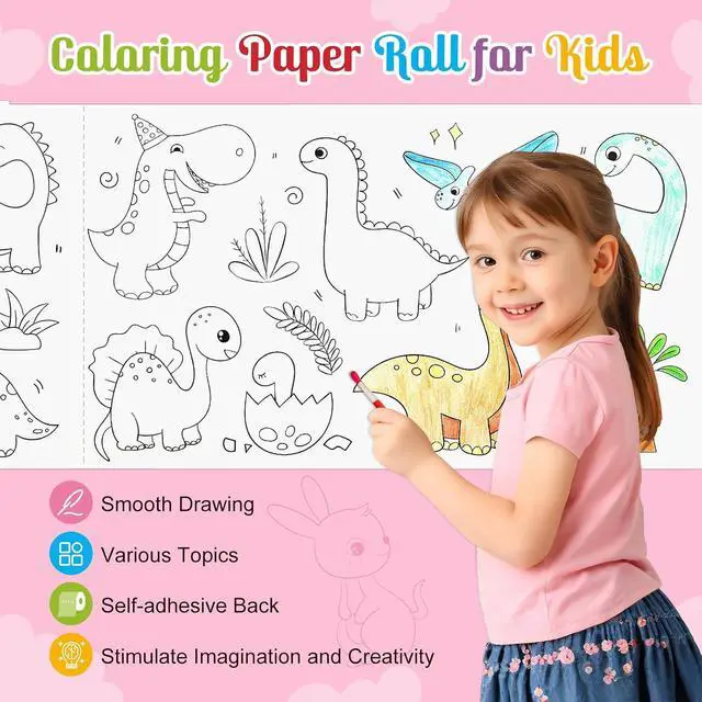 Alt view image 3 of 7 - 2 Pack Coloring Paper Roll for Kids, Sticky Drawing Roll, 11.8" × 118" | Thick Ink-Resistant Paper, Removable Adhesive Backing, 2 Themed Rolls, Easy-Tear Perforations, Giftable for Ages 3+
