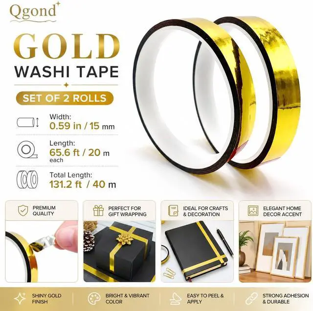 Alt view image 2 of 7 - 2Rolls Gold Washi Tape - Removable Metallic Decorative Tape for Walls, No Residue Craft Tape 65ft x 0.59", Low-Tack Adhesive for Weddings/Gifts/Scrapbooking (Gold Foil, 20m per Roll)