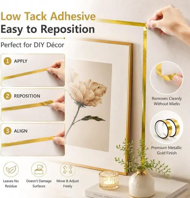 Alt view image 3 of 7 - 2Rolls Gold Washi Tape - Removable Metallic Decorative Tape for Walls, No Residue Craft Tape 65ft x 0.59", Low-Tack Adhesive for Weddings/Gifts/Scrapbooking (Gold Foil, 20m per Roll)