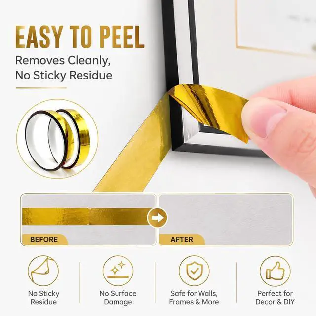Alt view image 4 of 7 - 2Rolls Gold Washi Tape - Removable Metallic Decorative Tape for Walls, No Residue Craft Tape 65ft x 0.59", Low-Tack Adhesive for Weddings/Gifts/Scrapbooking (Gold Foil, 20m per Roll)