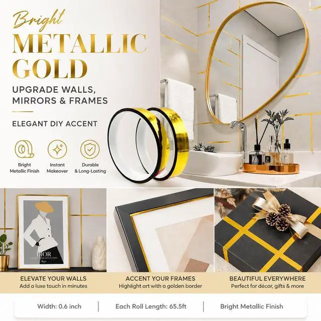 Alt view image 5 of 7 - 2Rolls Gold Washi Tape - Removable Metallic Decorative Tape for Walls, No Residue Craft Tape 65ft x 0.59", Low-Tack Adhesive for Weddings/Gifts/Scrapbooking (Gold Foil, 20m per Roll)