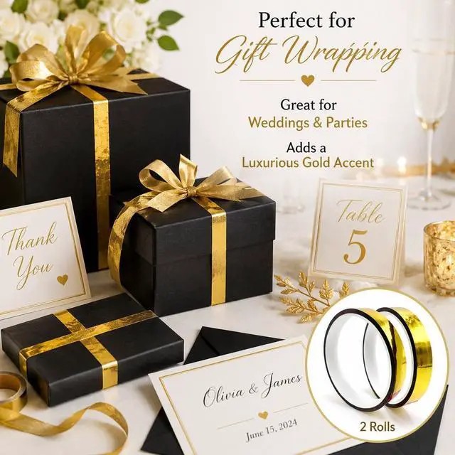 Alt view image 6 of 7 - 2Rolls Gold Washi Tape - Removable Metallic Decorative Tape for Walls, No Residue Craft Tape 65ft x 0.59", Low-Tack Adhesive for Weddings/Gifts/Scrapbooking (Gold Foil, 20m per Roll)
