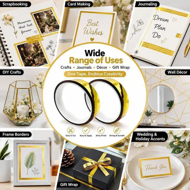 Alt view image 7 of 7 - 2Rolls Gold Washi Tape - Removable Metallic Decorative Tape for Walls, No Residue Craft Tape 65ft x 0.59", Low-Tack Adhesive for Weddings/Gifts/Scrapbooking (Gold Foil, 20m per Roll)