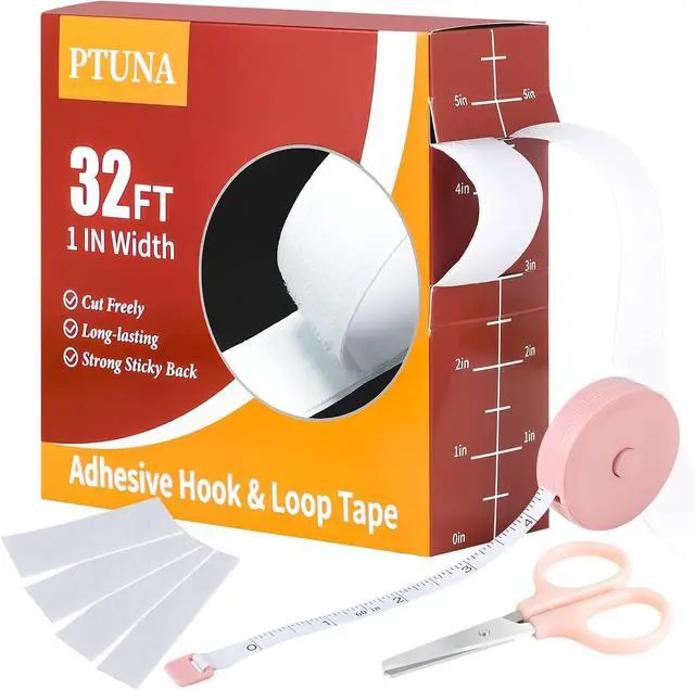 Main image of PTUNA 32Ft *1 Inch Hook and Loop Tape with Adhesive Back,White | Heavy Duty Double Sided Adhesive Strips, Strong Sticky Strips Roll for Home/Office/School/Car