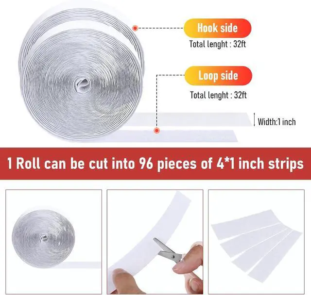 Alt view image 3 of 7 - PTUNA 32Ft *1 Inch Hook and Loop Tape with Adhesive Back,White | Heavy Duty Double Sided Adhesive Strips, Strong Sticky Strips Roll for Home/Office/School/Car