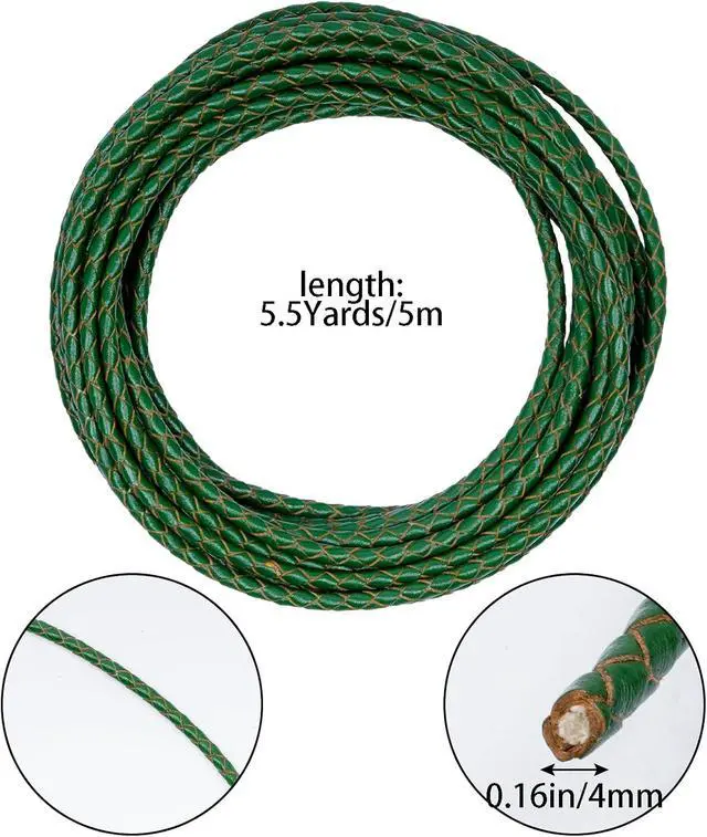 Alt view image 2 of 7 - Lystaii 5.5 Yards Genuine Leather Cord 4mm Round Braided Bolo Leather Cord Brown Strip Braiding Antique Strap 5m Long for Bracelet Necklace Beading DIY (Dark Green)
