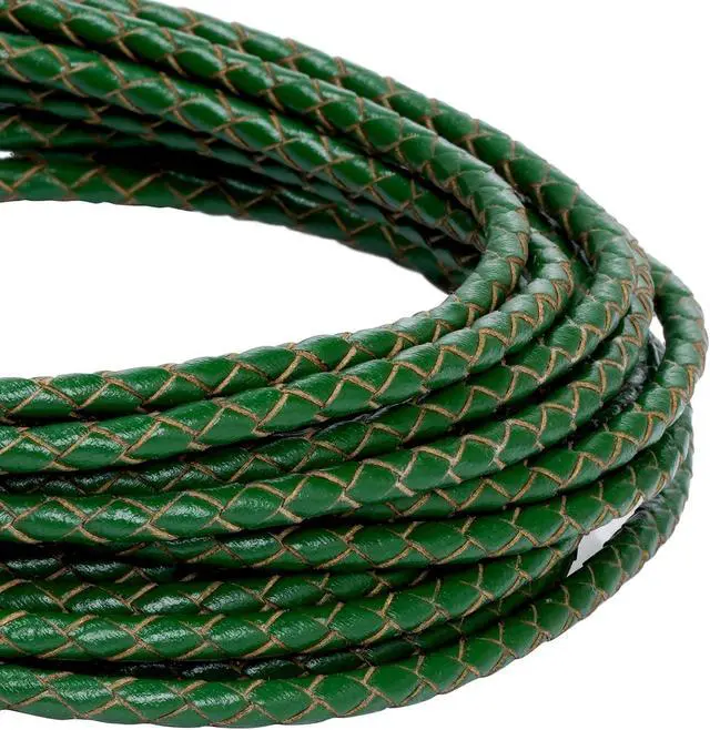 Alt view image 3 of 7 - Lystaii 5.5 Yards Genuine Leather Cord 4mm Round Braided Bolo Leather Cord Brown Strip Braiding Antique Strap 5m Long for Bracelet Necklace Beading DIY (Dark Green)