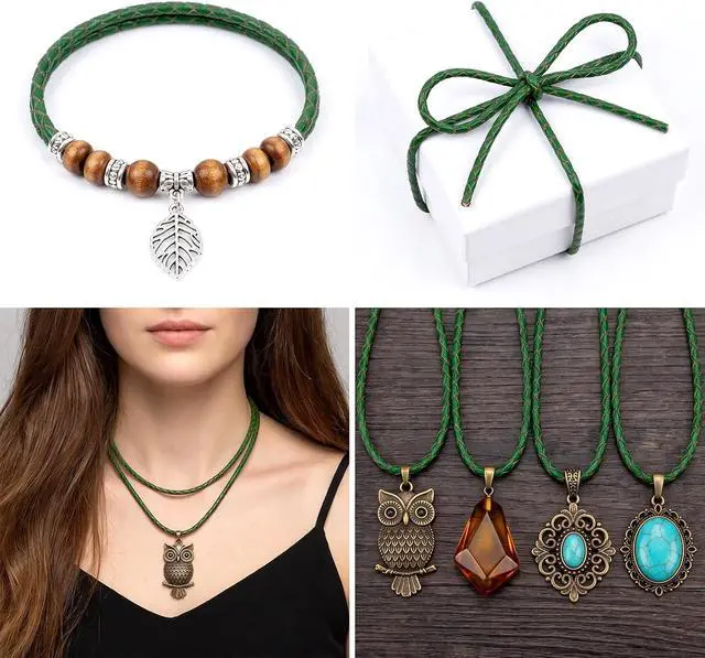 Alt view image 4 of 7 - Lystaii 5.5 Yards Genuine Leather Cord 4mm Round Braided Bolo Leather Cord Brown Strip Braiding Antique Strap 5m Long for Bracelet Necklace Beading DIY (Dark Green)