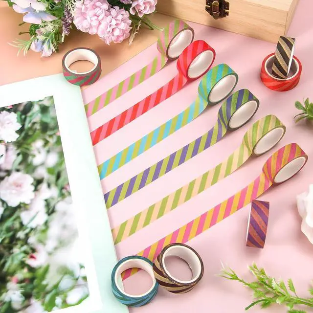 Alt view image 4 of 7 - Whaline 12 Rolls Striped Washi Tape Masking Tape Set Colorful Cabana Stripe Decorative Wrapping Paper Tapes Boxed for Birthday Scrapbook Journal DIY Crafts