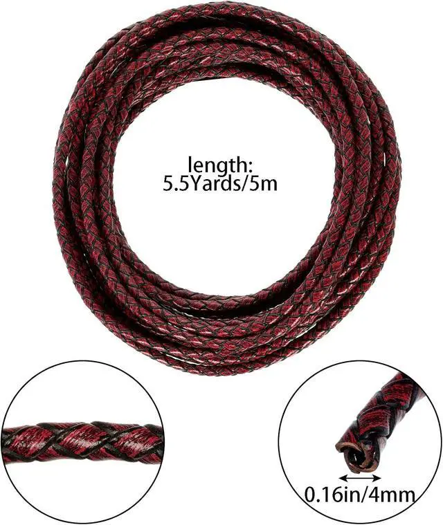 Alt view image 2 of 7 - Lystaii 5.5 Yards Genuine Leather Cord 4mm Round Braided Bolo Leather Cord Brown Strip Braiding Antique Strap 5m Long for Bracelet Necklace Beading DIY (Vintage Red)