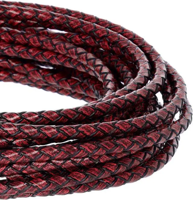 Alt view image 3 of 7 - Lystaii 5.5 Yards Genuine Leather Cord 4mm Round Braided Bolo Leather Cord Brown Strip Braiding Antique Strap 5m Long for Bracelet Necklace Beading DIY (Vintage Red)