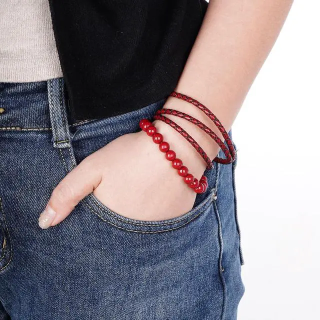 Alt view image 6 of 7 - Lystaii 5.5 Yards Genuine Leather Cord 4mm Round Braided Bolo Leather Cord Brown Strip Braiding Antique Strap 5m Long for Bracelet Necklace Beading DIY (Vintage Red)