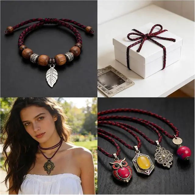 Alt view image 7 of 7 - Lystaii 5.5 Yards Genuine Leather Cord 4mm Round Braided Bolo Leather Cord Brown Strip Braiding Antique Strap 5m Long for Bracelet Necklace Beading DIY (Vintage Red)