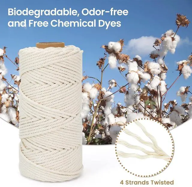 Alt view image 2 of 7 - Macrame Cord 4mm x 109Yards (328Feet), Natural Cotton Macrame Rope - 4 Strands Twisted Macrame Cotton Cord for Wall Hanging, Plant Hangers, Crafts, Gift Wrapping and Wedding Decorations, Beige