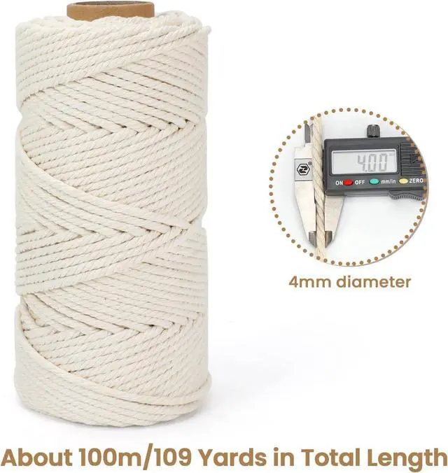 Alt view image 3 of 7 - Macrame Cord 4mm x 109Yards (328Feet), Natural Cotton Macrame Rope - 4 Strands Twisted Macrame Cotton Cord for Wall Hanging, Plant Hangers, Crafts, Gift Wrapping and Wedding Decorations, Beige