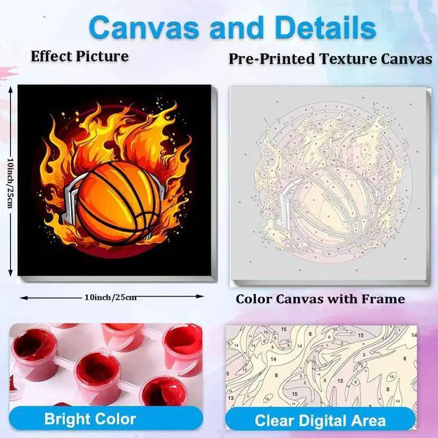 Alt view image 3 of 7 - Artunion Framed Paint by Numbers Kit for Adults Beginners & Kids Ages 8-12,Basketball Paint by Number with Frame Balls Sports Paint by Numbers Kit on Canvas 10 * 10 Inch Without Easel