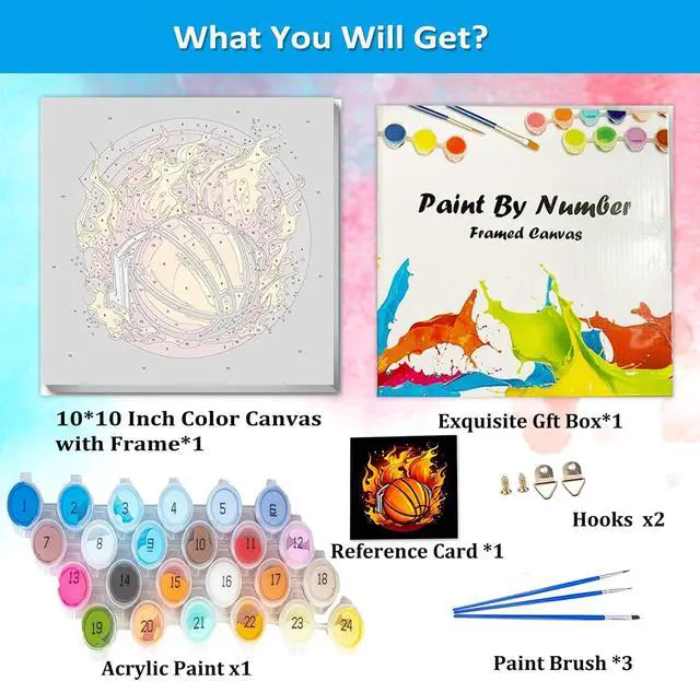 Alt view image 4 of 7 - Artunion Framed Paint by Numbers Kit for Adults Beginners & Kids Ages 8-12,Basketball Paint by Number with Frame Balls Sports Paint by Numbers Kit on Canvas 10 * 10 Inch Without Easel