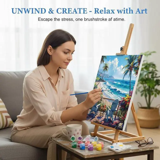Alt view image 4 of 7 - GMETNIC Paint by Numbers Kit for Adults Beginner, Relaxing Beach Paint by Number Kits On Canvas Oil Painting Kit for Adults for Gift Home Wall Decor (16x20 inch)