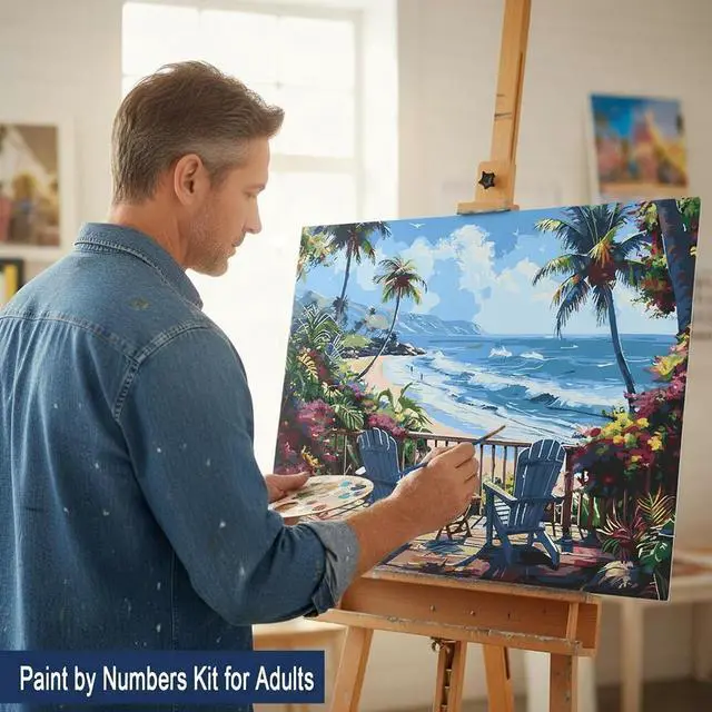 Alt view image 6 of 7 - GMETNIC Paint by Numbers Kit for Adults Beginner, Relaxing Beach Paint by Number Kits On Canvas Oil Painting Kit for Adults for Gift Home Wall Decor (16x20 inch)