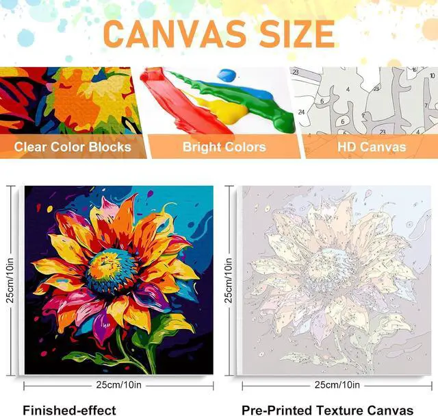 Alt view image 3 of 7 - Offito Framed Paint by Numbers Kit for Adults Beginners, Colorful Sunflower | 10x10 Inch, without Easel, Easy DIY Acrylic Canvas Craft Kit with Frame, Home Decor, Stress Relief Relaxing Hobby Gift