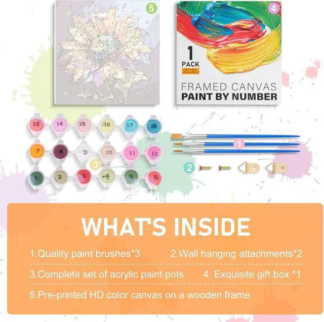 Alt view image 6 of 7 - Offito Framed Paint by Numbers Kit for Adults Beginners, Colorful Sunflower | 10x10 Inch, without Easel, Easy DIY Acrylic Canvas Craft Kit with Frame, Home Decor, Stress Relief Relaxing Hobby Gift