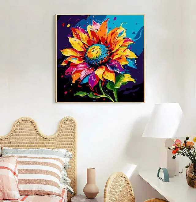 Alt view image 2 of 7 - Offito Framed Paint by Numbers Kit for Adults Beginners, Colorful Sunflower | 10x10 Inch, without Easel, Easy DIY Acrylic Canvas Craft Kit with Frame, Home Decor, Stress Relief Relaxing Hobby Gift