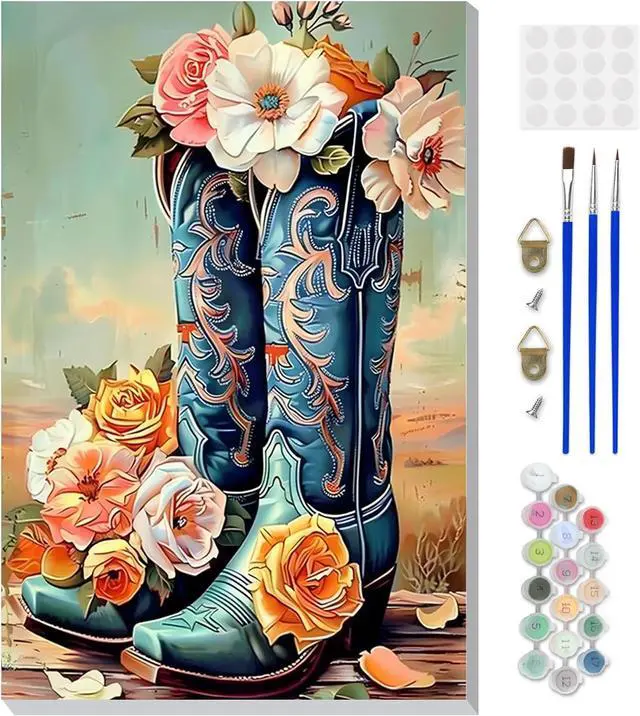 Main image of DOMROM Framed Paint by Numbers Cowboy Boots for Adults Beginners, Adult Paint by Number Kits on Canvas, Acrylic Number Painting Craft Kits for Gift Home Decor 8x12in