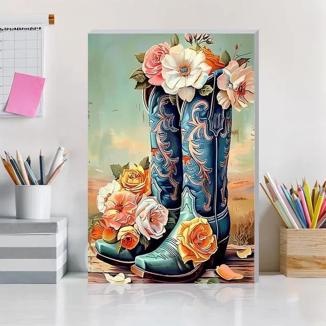 Alt view image 2 of 7 - DOMROM Framed Paint by Numbers Cowboy Boots for Adults Beginners, Adult Paint by Number Kits on Canvas, Acrylic Number Painting Craft Kits for Gift Home Decor 8x12in