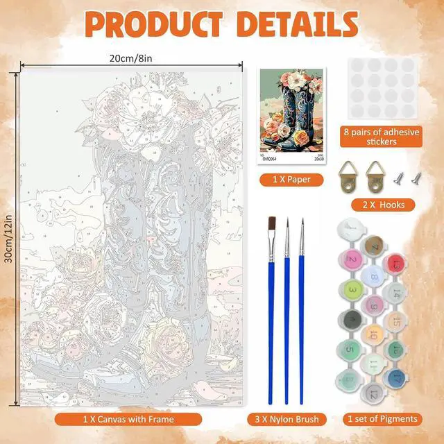 Alt view image 5 of 7 - DOMROM Framed Paint by Numbers Cowboy Boots for Adults Beginners, Adult Paint by Number Kits on Canvas, Acrylic Number Painting Craft Kits for Gift Home Decor 8x12in