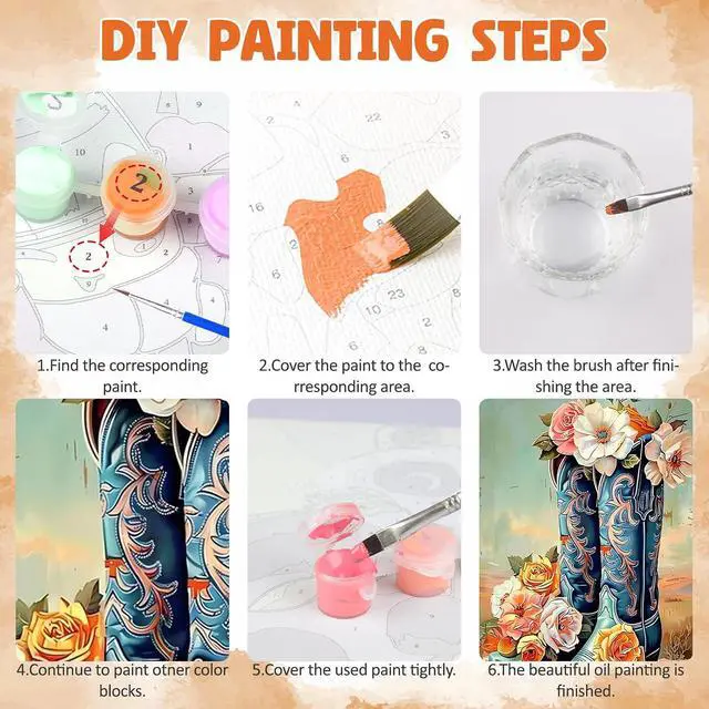 Alt view image 7 of 7 - DOMROM Framed Paint by Numbers Cowboy Boots for Adults Beginners, Adult Paint by Number Kits on Canvas, Acrylic Number Painting Craft Kits for Gift Home Decor 8x12in