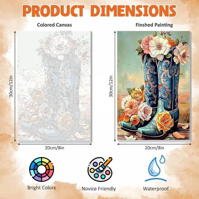 Alt view image 6 of 7 - DOMROM Framed Paint by Numbers Cowboy Boots for Adults Beginners, Adult Paint by Number Kits on Canvas, Acrylic Number Painting Craft Kits for Gift Home Decor 8x12in
