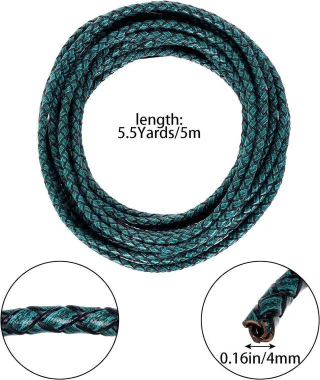 Alt view image 2 of 7 - Lystaii 5.5 Yards Genuine Leather Cord 4mm Round Braided Bolo Leather Cord Brown Strip Braiding Antique Strap 5m Long for Bracelet Necklace Beading DIY (Vintage Blue)