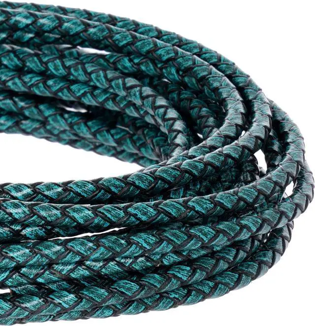 Alt view image 3 of 7 - Lystaii 5.5 Yards Genuine Leather Cord 4mm Round Braided Bolo Leather Cord Brown Strip Braiding Antique Strap 5m Long for Bracelet Necklace Beading DIY (Vintage Blue)