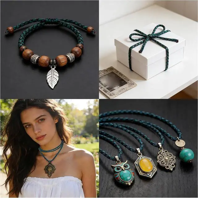Alt view image 7 of 7 - Lystaii 5.5 Yards Genuine Leather Cord 4mm Round Braided Bolo Leather Cord Brown Strip Braiding Antique Strap 5m Long for Bracelet Necklace Beading DIY (Vintage Blue)