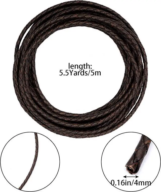 Alt view image 2 of 7 - Lystaii 5.5 Yards Genuine Leather Cord 4mm Round Braided Bolo Leather Cord Brown Strip Braiding Antique Strap 5m Long for Bracelet Necklace Beading DIY (Distressed Gray)
