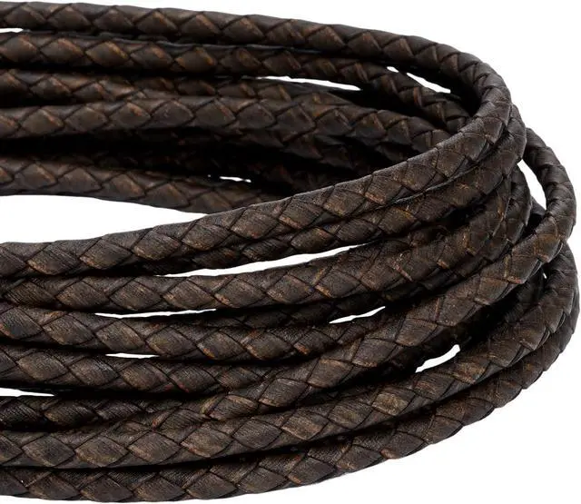 Alt view image 3 of 7 - Lystaii 5.5 Yards Genuine Leather Cord 4mm Round Braided Bolo Leather Cord Brown Strip Braiding Antique Strap 5m Long for Bracelet Necklace Beading DIY (Distressed Gray)