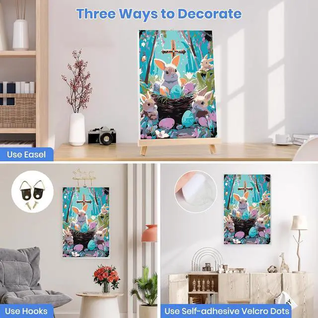 Alt view image 2 of 7 - MXJSUA Easter Framed Paint by Numbers for Adults Beginners, Easy Adults' Paint-by-Number Kits on Canvas with Easel, Bunnies Acrylic Number Painting Crafts Kit Gifts for Home Decor, 8x12inch
