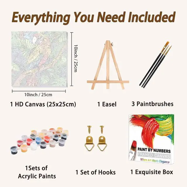 Alt view image 5 of 7 - AUKELHJ Framed Paint by Numbers Kit for Adults, Parrot, 10x10 inch | Paint by Number for Adults Beginner & Kids Ages 8-12, Framed Canvas, Easel Included, Fun and Relaxing, Gifts Box, Home Decor