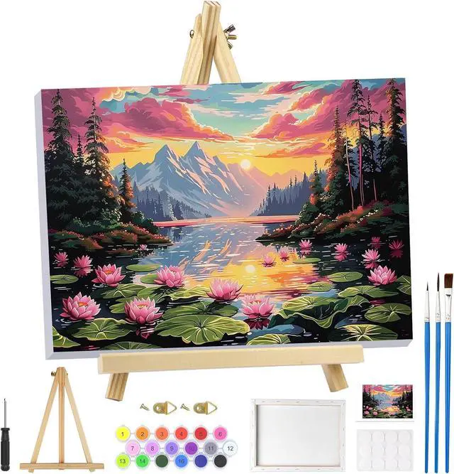 Main image of MOGTAA Landscape Paint by Numbers Kit for Adults Beginners with Frame, Flowers Lake Adult Paint by Number Kits on Canvas with Easel, Easy DIY Sunset Oil Painting Kits for Home Decor, 8x12in