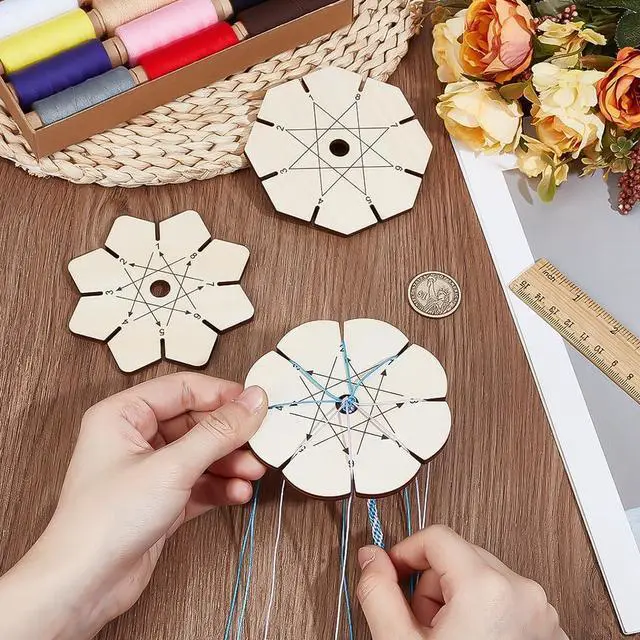 Alt view image 3 of 5 - PH PandaHall 3pcs Bracelet Braiding Disk, Flower Shape Kumihimo Disk Wood Bracelet Braiding Plate Beading Cord Disc for Friendship Bracelets Making Weaving Kumihimo Supplies
