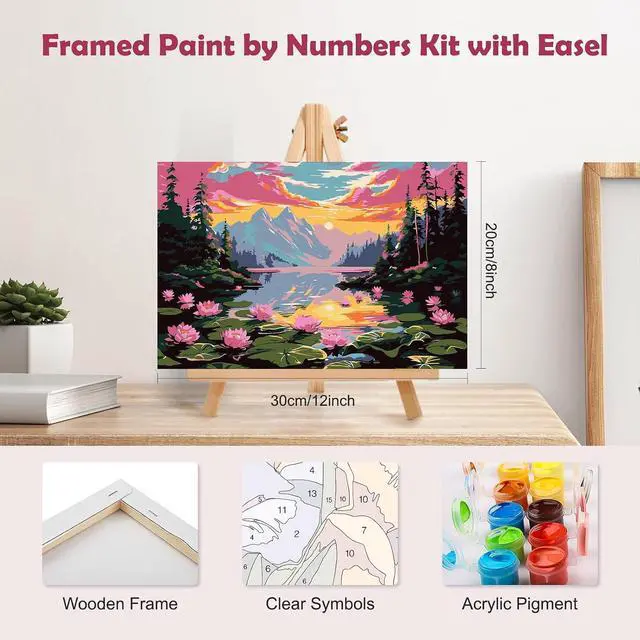 Alt view image 2 of 7 - MOGTAA Landscape Paint by Numbers Kit for Adults Beginners with Frame, Flowers Lake Adult Paint by Number Kits on Canvas with Easel, Easy DIY Sunset Oil Painting Kits for Home Decor, 8x12in