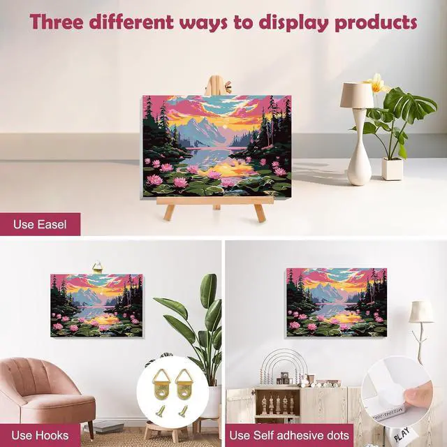 Alt view image 3 of 7 - MOGTAA Landscape Paint by Numbers Kit for Adults Beginners with Frame, Flowers Lake Adult Paint by Number Kits on Canvas with Easel, Easy DIY Sunset Oil Painting Kits for Home Decor, 8x12in
