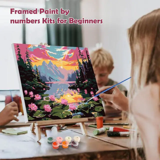 Alt view image 4 of 7 - MOGTAA Landscape Paint by Numbers Kit for Adults Beginners with Frame, Flowers Lake Adult Paint by Number Kits on Canvas with Easel, Easy DIY Sunset Oil Painting Kits for Home Decor, 8x12in
