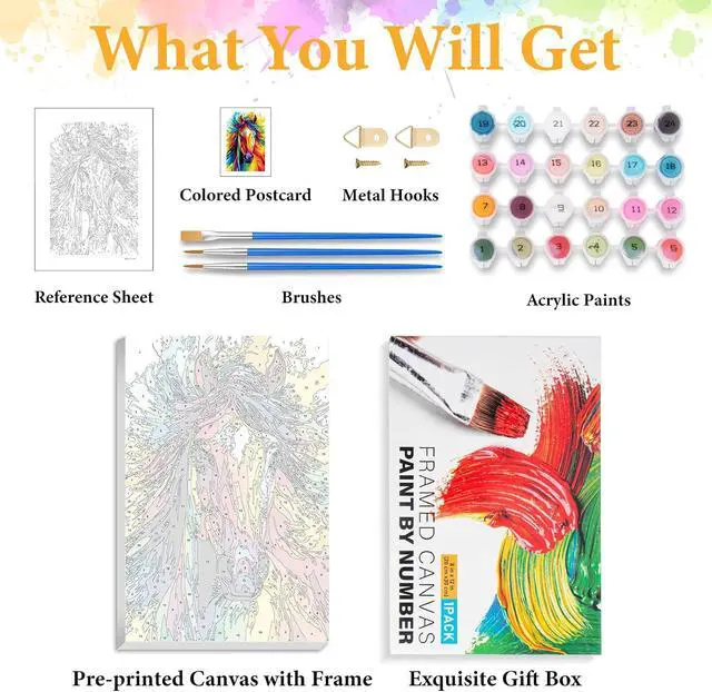 Alt view image 5 of 7 - Okarina Framed Paint by Numbers Kit for Adults, Colorful Horse 8x12 Inch | Paint by Number with Frame, DIY Acrylic Painting Kit for Relaxation, Easy for Beginners, Wall Decor Gift for Animal Lovers