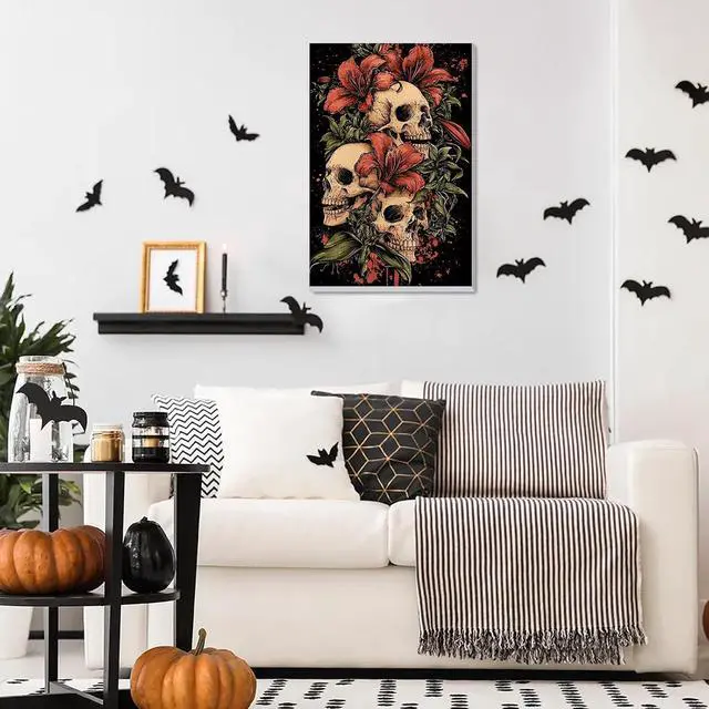 Alt view image 2 of 7 - DOMROM Framed Paint by Numbers Kit for Adults Beginners, Halloween Skull Paint by Number Kit on Canvas, DIY Oil Painting Kits for Home Wall Decor Gift 8x12in