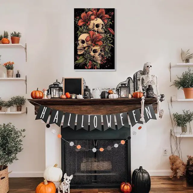Alt view image 4 of 7 - DOMROM Framed Paint by Numbers Kit for Adults Beginners, Halloween Skull Paint by Number Kit on Canvas, DIY Oil Painting Kits for Home Wall Decor Gift 8x12in