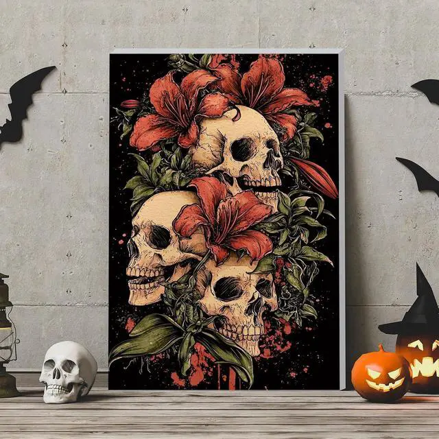 Alt view image 3 of 7 - DOMROM Framed Paint by Numbers Kit for Adults Beginners, Halloween Skull Paint by Number Kit on Canvas, DIY Oil Painting Kits for Home Wall Decor Gift 8x12in