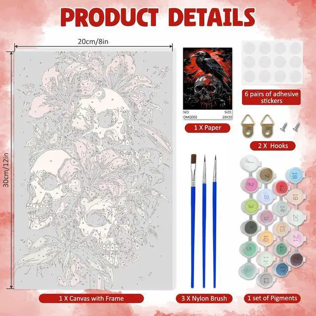 Alt view image 5 of 7 - DOMROM Framed Paint by Numbers Kit for Adults Beginners, Halloween Skull Paint by Number Kit on Canvas, DIY Oil Painting Kits for Home Wall Decor Gift 8x12in